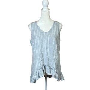 Goddess Gear Blue Stripe Hemp Organic Cotton Top Sleeveless Hi-Low Ruffle Sz S
